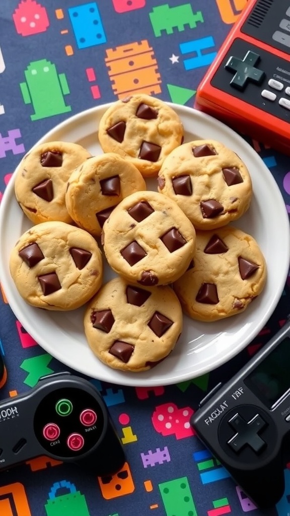 A retro-themed plate of chocolate chip cookies with pixelated shapes and a vintage game controller.